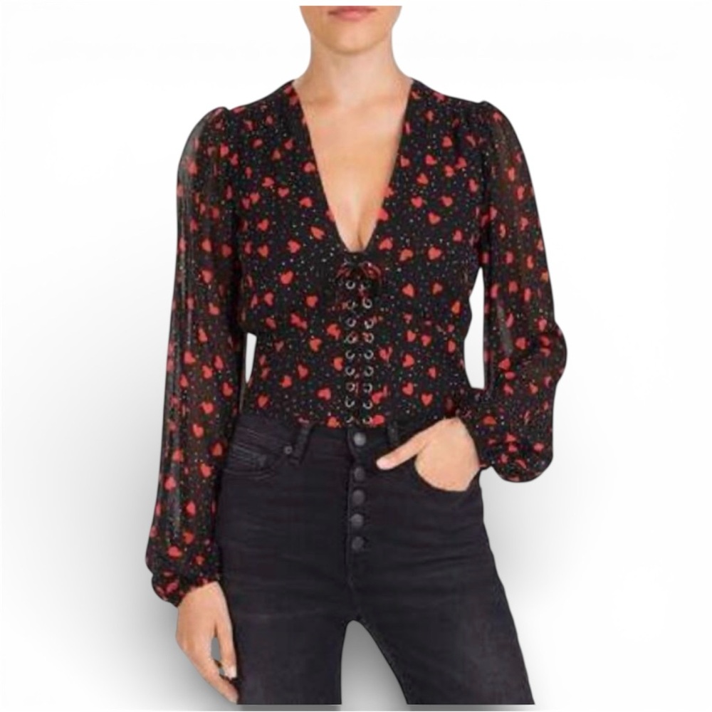 The Kooples Black Blouse with Red Heart Pattern